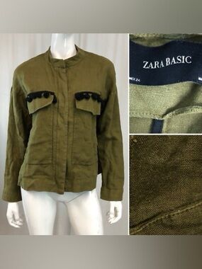 Zara Olive Green Linen Jacket with Black Pom Trim